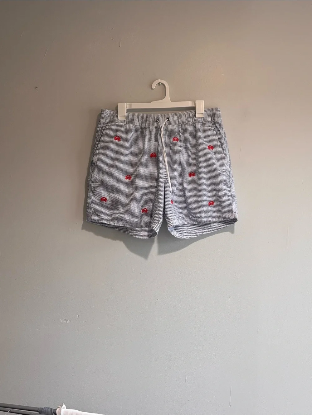 J.CREW Men's Flex Swimwear Blue Striped Seersucker Mesh Lined Swim Trunks Sz L
